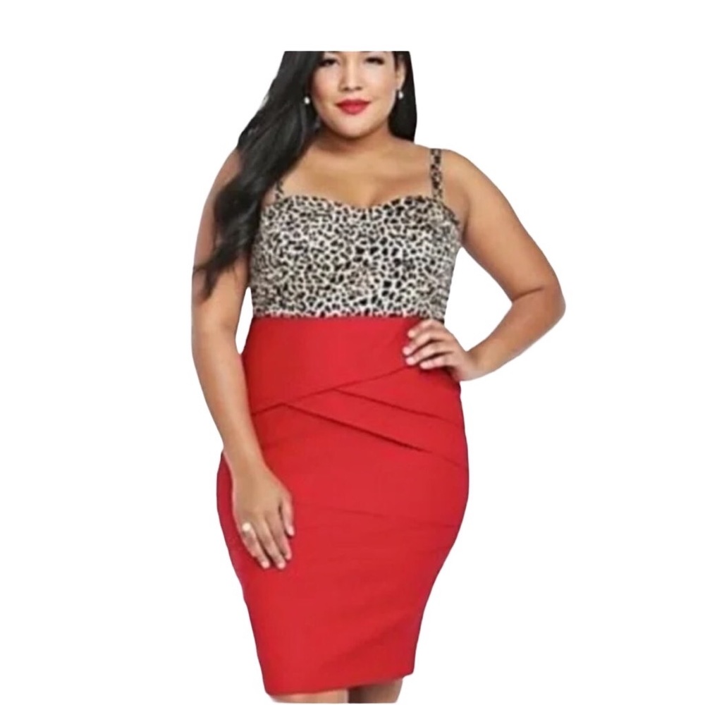Torrid leopard print sweetheart neckline strappy with red skirt.